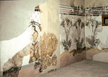 Arte minoica: «A Mulher com Lírios». Fresco de Akrotiri, em Santorini. Século XVI a.C. Atenas, Museu Arqueológico Nacional