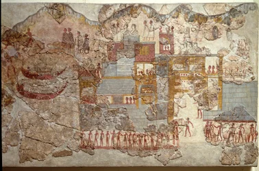 Arte minoica: «Barcos». Fresco proveniente de Acrotíri, em Santorini. Século XVI a.C. Atenas, Museu Arqueológico Nacional.