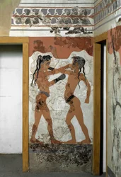 Arte Minoana: "luta entre dois pugilistas" Fresco de Akrotiri a Santorini. Século XVI a.C. Athenes, Museu Nacional de Arqueologia