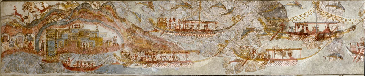 Arte Minoana: "Expedição naval" Fresco de Akrotiri a Santorini. Século XVI a.C. Athenes, Museu Nacional de Arqueologia