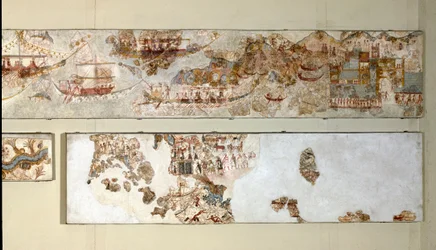 Arte minoica: «Expedição naval». Fresco proveniente de Acrotíri, em Santorini. Século XVI a.C. Museu Arqueológico Nacional, Atenas