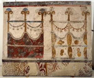 A civilização minóica: representação de dois portais (Ikria). Fresco da bacia lustral do edifício Xeste 3 de Akrotiri (Thera), Santorini