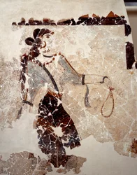 Civilização minoica: mulheres em adoração. Pormenor. Fresco da bacia lustral de Xeste 3 em Akrotiri (Tera), Santorini. Dimensões 143 x 381 cm, século XVI a.C. Santorini, Colecção de frescos de Akrotiri em Tera