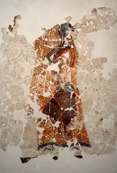 Civilização minoica: mulheres em adoração. Pormenor. Fresco da bacia lustral de Xeste 3 em Akrotiri (Thera), Santorini. Dimensões 143 x 381 cm, século XVI a.C. Santorini, coleção de frescos de Akrotiri em Thera