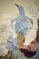 Arte Minoen. Detalhe do "Blue bird" Fresco ou "The blue bird of crete". Uma das primeiras e mais importantes pinturas da chamada ç Casa de Frescoes è em Knossos é a da ç Ave Azul è. É muito fragmentária e certamente bela.