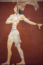 Minoen art "Prince of the Lilies" fresco. Reconstrução original a partir dos poucos fragmentos encontrados por A. Evans no sítio arqueológico de Knossos. museu arqueológico de Heraklion. Esta reconstrução é incerta. Knossos, Creta.