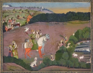 Baz Bahadur e Rupmati caçando falcões. Por volta de 1735