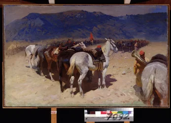 O resto da Cavalaria, o 29 Regimento de Cavalaria em Bukhara. Os cavalos sem cavaleiro de um regimento do Exército Vermelho em fila na estepe durante a Revolução de Outubro de 1917. Pintura