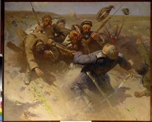 Um contra-ataque em Tsaritsyn em 1919 - Um contra-ataque em Tsaritsyn em 1919 - Pintura de Mitrofan Borisovich Grekov (1882-1934), óleo sobre tela