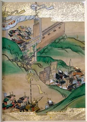 Episódio de "Imperial Struggles in Japan" (1308-1368). Miniatura da escola Tosa (século XVII) com folhas de ouro e mãe de pérola de ostras. Coleção Particular