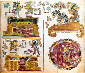 A civilização Mixtec: Mixtec Codex com ilustrações de atividades diárias - Arte pré-colombiana, civilização mista: cenas de vie quotidienne - Detalhe de um exemplar do Codex Vindobonensis ou códice vienense enviado por Hernan Cortes a Charles V em 1519 - M