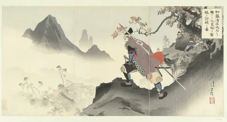 Kato Kiyomasa destruindo e capturando o palácio de Orangai rolando uma pedra. Kato Kiyomasa oishi korogashite Orankai no kenjo ou uchiyaburu zu. (título no objeto)