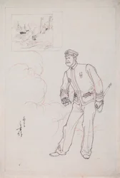 Desenho Preparatório para uma Impressão em bloco de madeira representando um Oficial Naval japonês durante a Guerra Sino-Japonesa
