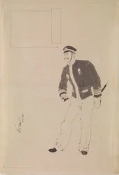 Desenho preparatório para uma impressão em xilogravura representando um oficial da marinha japonesa durante a Guerra Sino-Japonesa