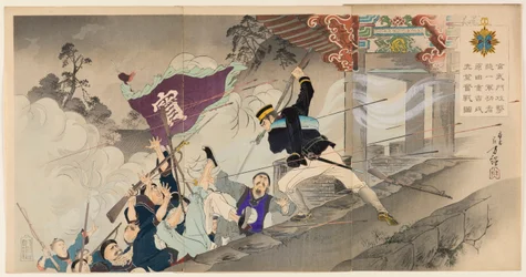 O primeiro herói Harada Jūkichi lutando ferozmente no ataque ao portão Hyeonmu em Pyeongyang