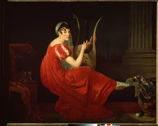 Retrato de Josephine Budayevskaya. Mulher elegante com a harpa. Pintura de Mademoiselle Riviere (1780-?)