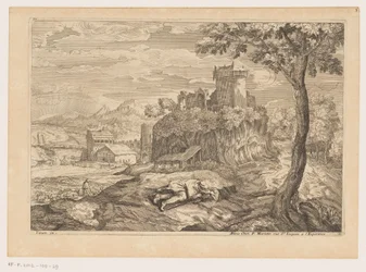 Paisagem com pastor em repouso, no fundo um rio com ponte e moinho de água
Landscapes after Titian (título da série)