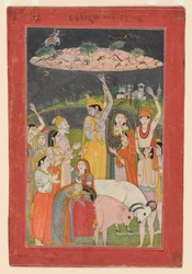 Krishna segurando o Monte Govardhan, escola Pahari (Pintura)