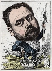 Retrato de Emile Zola (1840-1902) escritor francês em "Le Trombinoscope" de Touchatout, caricatura de B. Moloch de 1882 (1849-1909). Coleção particular.