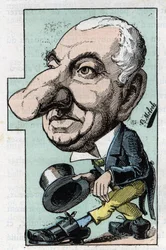 Retrato de Louis Hyacinthe Duflost, Dit Hyacinthe (1814-1887) comediante e cantor de ópera em "Le Trombinoscope" de Touchatout, caricatura de B. Moloch de 1882 (1849-1909). Coleção particular.
