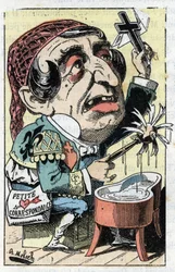 Alegoria do jornal francês Le Figaro em "Le Trombinoscope" de Touchatout, cartoon de B. Moloch de 1882 (1849-1909). Coleção privada.