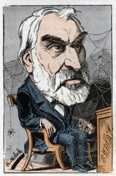 Eugene Pelletan (1813-1884), jornalista literário e político francês em "Le Trombinoscope" de Touchatout, cartoon de B. Moloch de 1882 (1849-1909). Coleção privada.