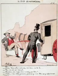 ELE. EX. EX. Motoredons: Desenho animado do transporte na cidade. Um burguês pede a um cocheiro que o leve para uma rua e fica surpreso que ele se recuse, pois está livre e pergunta-lhe porquê. O motorista diz que é precisamente porque ele está livre de su