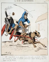 ELE. EX. EX. Motoredons: Desenho animado do transporte na cidade. Um cocheiro lidera um burguês a todo o ritmo na cidade sob o pretexto de que se recusa a pagar-lhe a tempo mas quer pagar-lhe a corrida. Desenho de Moloch (1849-1909), por volta de 1860.