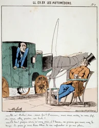 ELE. EX. EX. Motoredons: Desenho animado do transporte na cidade. Um cocheiro paga a tempo paragens num café para levar um galo debaixo das balanças do burguês que transporta. Desenho de Moloch (1849-1909), por volta de 1860.