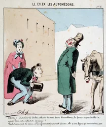 ELE. EX. EX. Motoredons: Desenho animado do transporte na cidade. Um homem pede a um cocheiro para transportá-lo e à sua mulher. O cocheiro altivo recusa-se a permitir que a mulher embarque. Desenho de Moloch (1849-1909), por volta de 1860.