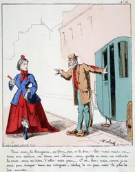 ELE. EX. EX. Motoredons: Desenho animado do transporte na cidade. O cocheiro repreende uma burguesa que vai ao parque enquanto seu marido pede ao motorista que a leve para outro lugar. Desenho de Moloch (1849-1909), por volta de 1860.