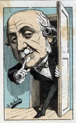 Retrato de Albert, Duque de Broglie (1821-1901), historiador e político francês em "Le Trombinoscope" de Touchatout, cartoon de B. Moloch de 1882 (1849-1909). Coleção particular.