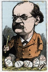 Retrato de Alexandre Charles Lecocq (1832-1918), compositor francês em "Le Trombinoscope" de Touchatout, caricatura de B. Moloch de 1882 (1849-1909). Coleção particular.