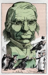 Retrato de Emile Littre (1801-1881), filólogo, médico e político francês em "Le Trombinoscope" de Touchatout, cartoon de B. Moloch de 1882 (1849-1909). Coleção particular.
