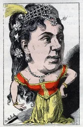 Retrato de Emma Valladon dit Theresa (1837 -1913) cantora de cabaré francês em "Le Trombinoscope" de Touchatout, cartoon de B. Moloch de 1882 (1849-1909). Coleção particular.