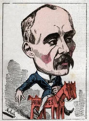 Retrato de Georges Clemenceau (1841-1929) político em "Le Trombinoscope" de Touchatout, caricatura de B. Moloch de 1882 (1849-1909). Coleção privada.