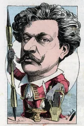 Retrato de Louis Alexandre Gosset de Guines dit Andre Gill (1840 - 1885) Pintor poeta francês em "Le Trombinoscope" de Touchatout, cartoon de B. Moloch de 1882 (1849-1909). Coleção particular.