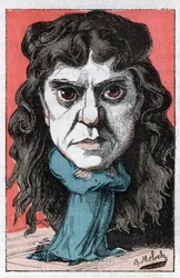 Retrato de Marie Laurent ou Marie LUGUET artista dramática francesa do século XIX em "Le Trombinoscope" de Touchatout, caricatura de B. Moloch de 1882 (1849-1909). Coleção particular.