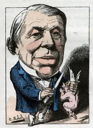 retrato de Philippe Ricord (1800-1889), cirurgião francês em "Le Trombinoscope" de Touchatout, cartoon de B. Moloch de 1882 (1849-1909). Coleção particular.