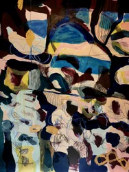 Formas abstratas em azul e dourado