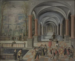 Reunião festiva e figuras de uma Commedia dell