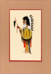 Guerreiro Cheyenne com toucado de penas e escudo