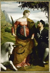Santa Justina adorada por um doador, com um unicórnio do lado direito (óleo sobre madeira de choupo)