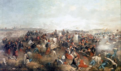 Batalha de Palestro: os Zouaves. No centro, Victor Emmanuel II