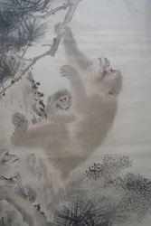 Mori Sosen, macacos nos pinheiros em frente a uma cascata