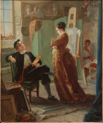 Um pintor no estúdio com esposa e modelo