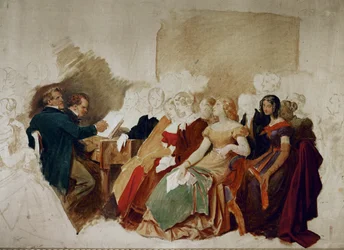 Uma noite na casa do Barão Spaun, Schubert ao piano, o tenor Johann Michael Vogl ao seu lado ... (aguarela)