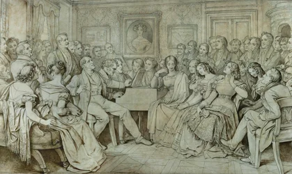 Uma noite na casa do Barão Spaun, Schubert ao piano, o tenor Johann Michael Vogl a cantar ... (tinta, sépia)