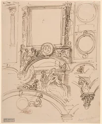 Pormenores arquitectónicos para uma decoração de parede com a Imperatriz Maria Theresia abraçando o jovem Wolfgang Amadeus Mozart, c.1864 (caneta e tinta)