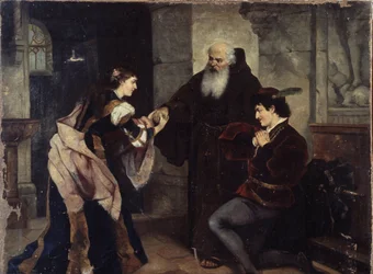 O casamento de Romeu e Julieta. Cena inspirada na peça de teatro de William Shakespeare (1564-1616). Pintura de Moritz Ludwig von Schwind (1804-1871), óleo sobre tela, arte austríaca, meados do século XIX, Romantismo. Museu de História e Arte, Cherepovets